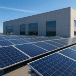 Solar panels installed on a large commercial building rooftop in the UK, showcasing renewable energy and sustainable business solutions.